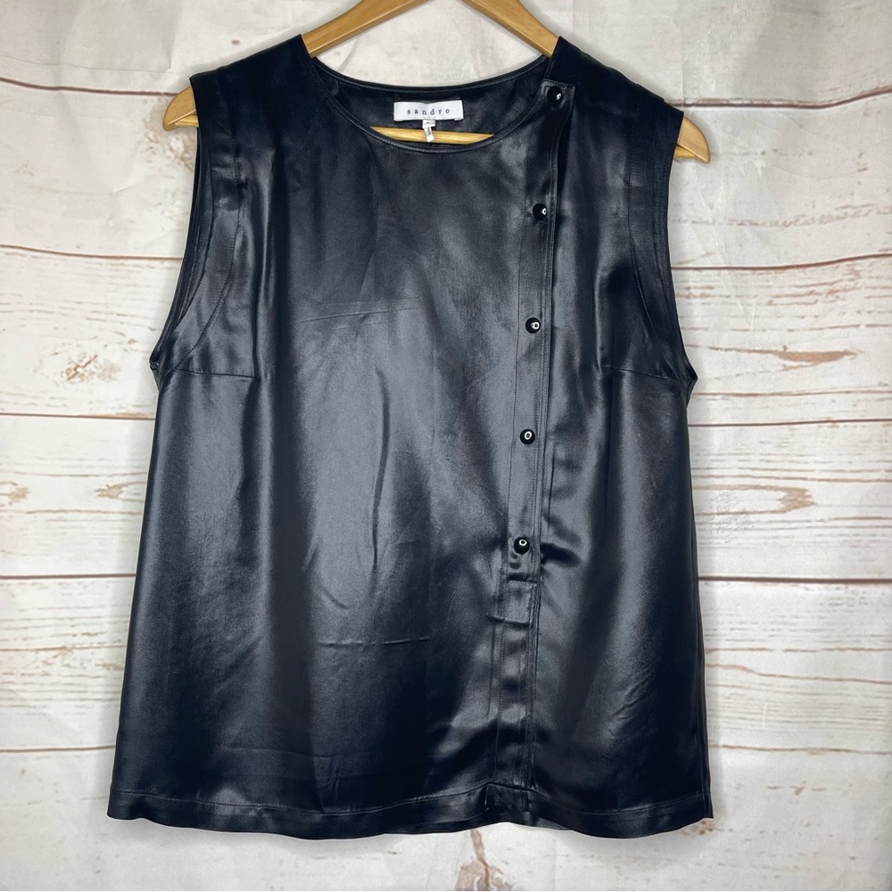 Sandro • Sleeveless Blouse • Faux Leather • Size 3 • Buttons • France